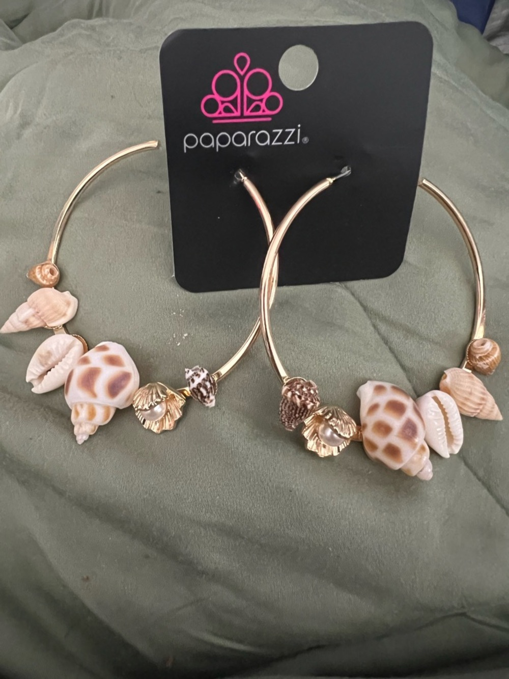 paparazzi Gold Hoop Earrings with Neutral Shell Charms
